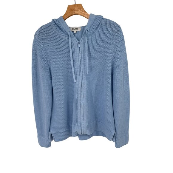 Pura Cashmere supima Cotton Fisherman Hoodie sweater full zip size XL lt blue - Picture 2 of 8